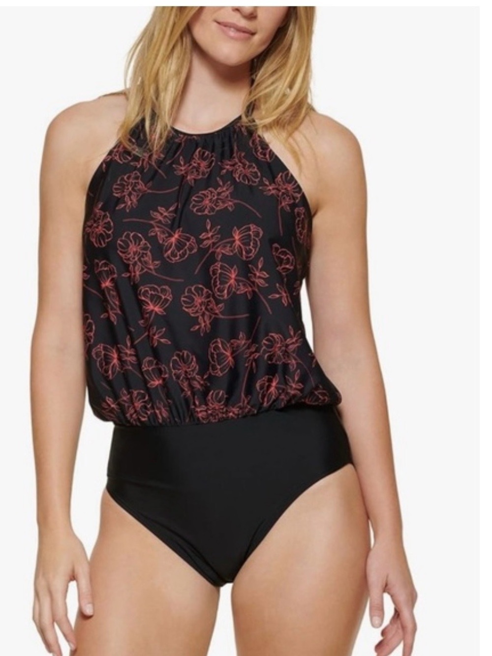 Calvin Klein Printed Blouson One-Piece Swimsuit Women's 14 Black/Red Tie Neck